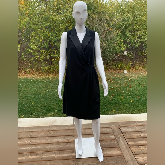 Gorgeous mini black tuxedo style prom party dress black satin double collar US12 - Picture 3 of 10